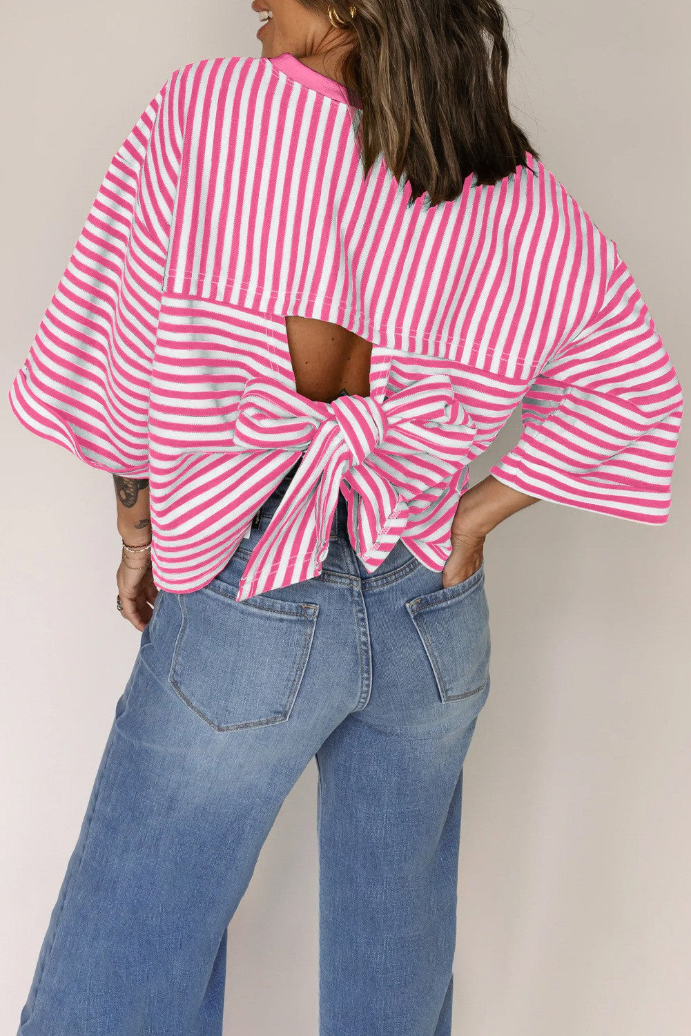 Pink & White Striped Backless T-Shirt with Bow Detail