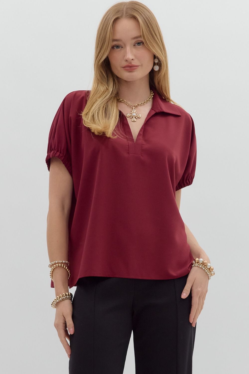 Burgundy Moments Split Collar Top