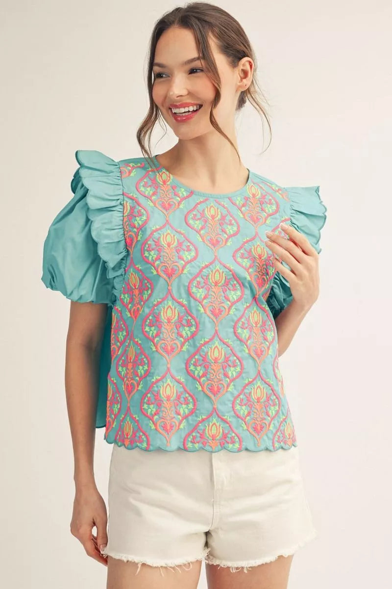 Aqua Baroque Embroidered Top