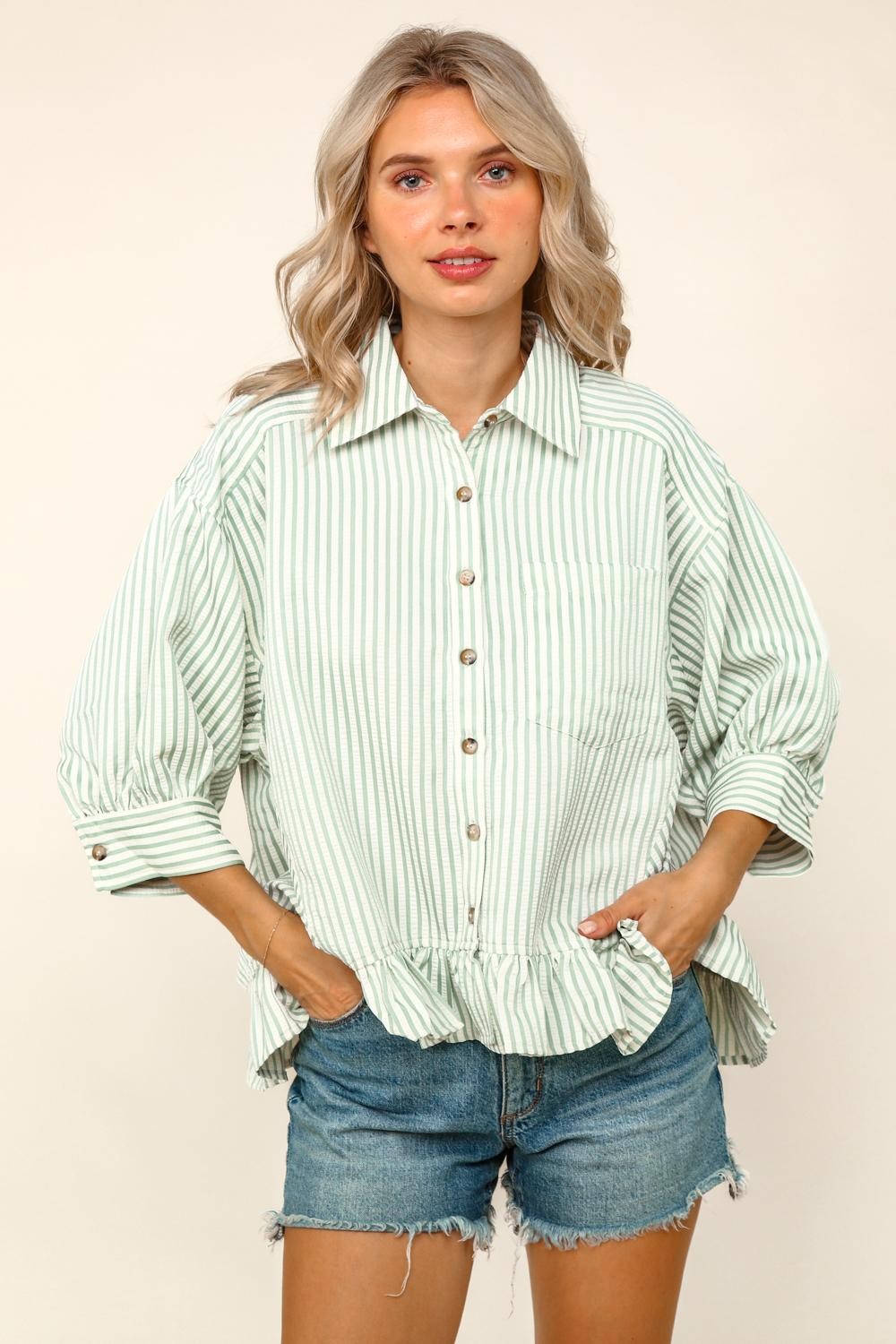 Sweet Stripe Ruffle Button Top - Sage