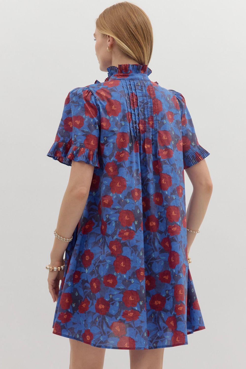 Midnight Bloom Pintuck Ruffle Mini Dress