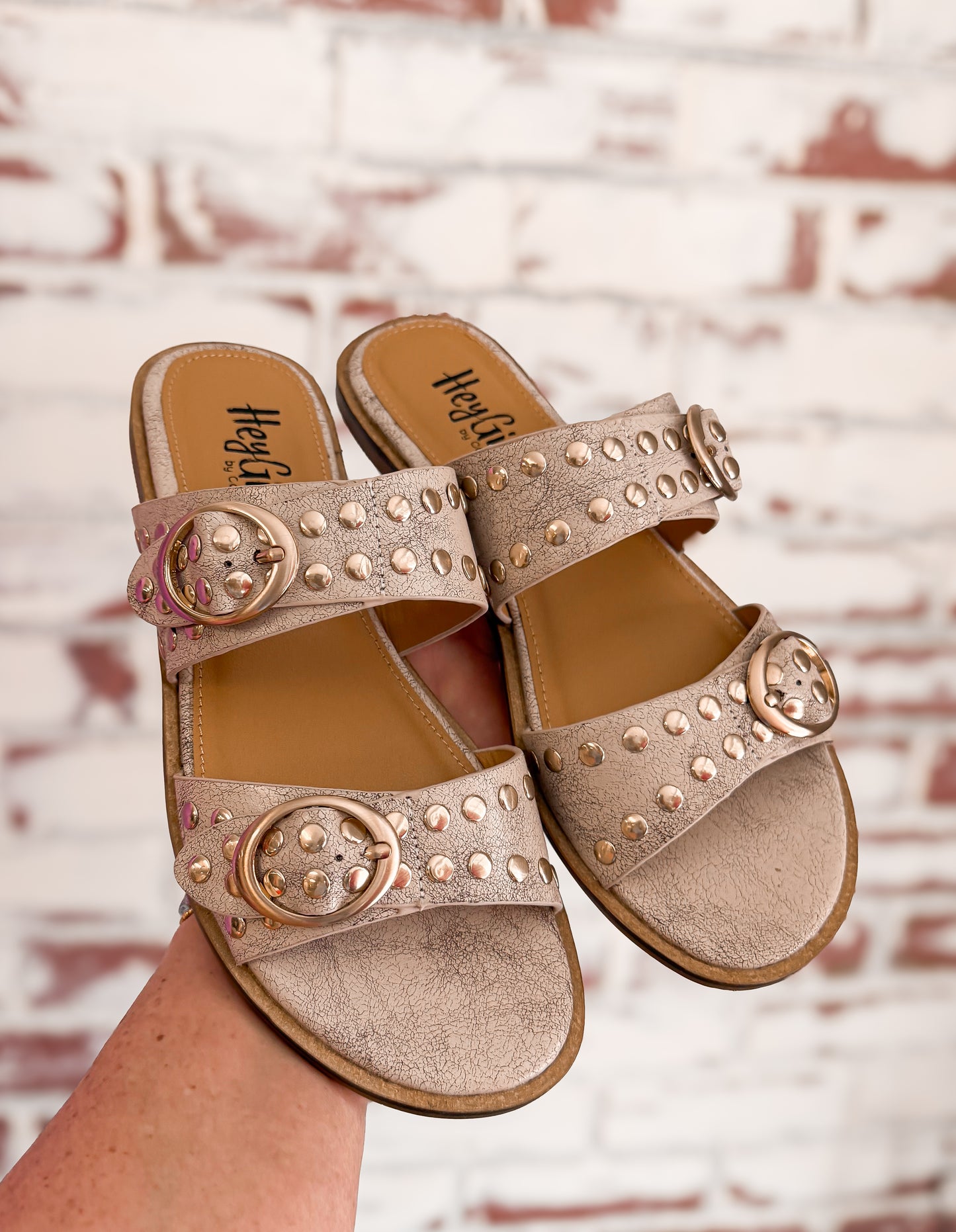 Corky’s Hey Hottie Sandals – Cream Crackle with Gold Studs