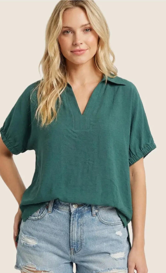 Emerald Ease Johnny Collar Top - Green