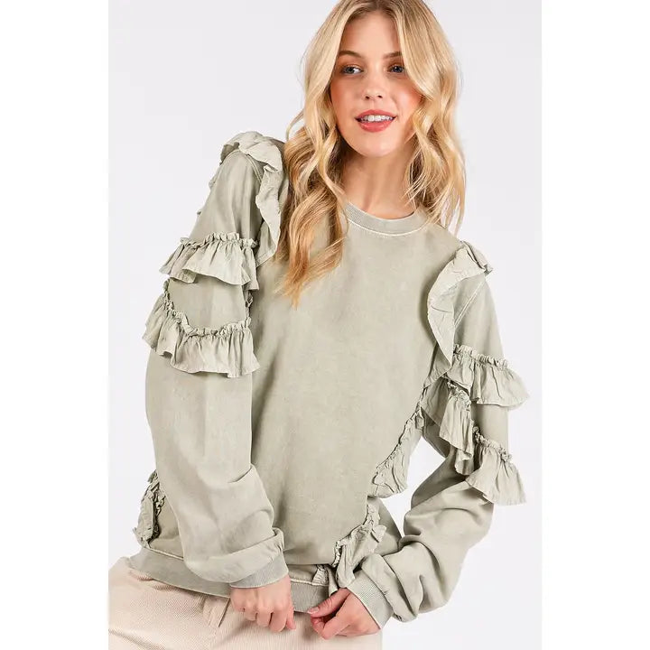 Ruffle Mineral Wash Long Sleeve Pullover Top