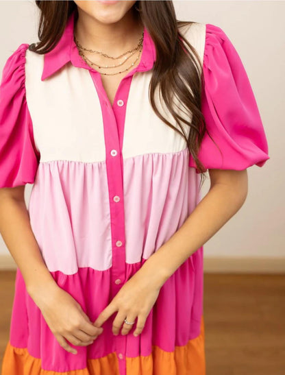 Pink Color Block Button Up Dress