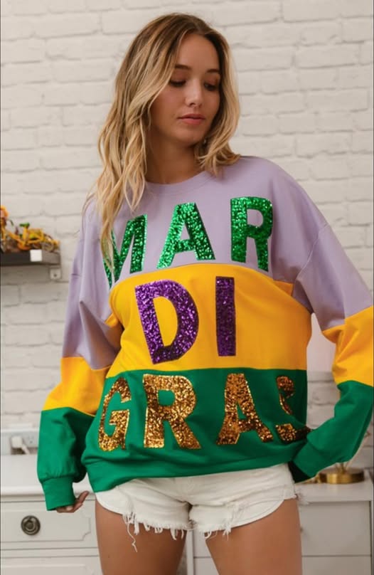 SEQUIN MARDI GRAS LETTERING COLOR BLOCK SWEATSHIRT