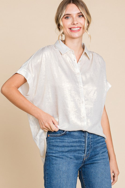 Shimmer Luxe Collared Button-Up Top