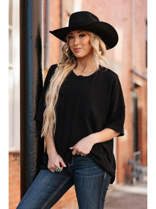 Half Sleeve Relaxed Pocket Blouse- Black