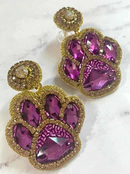 Purple & Gold LSU Sports Paw Beaded Earrings