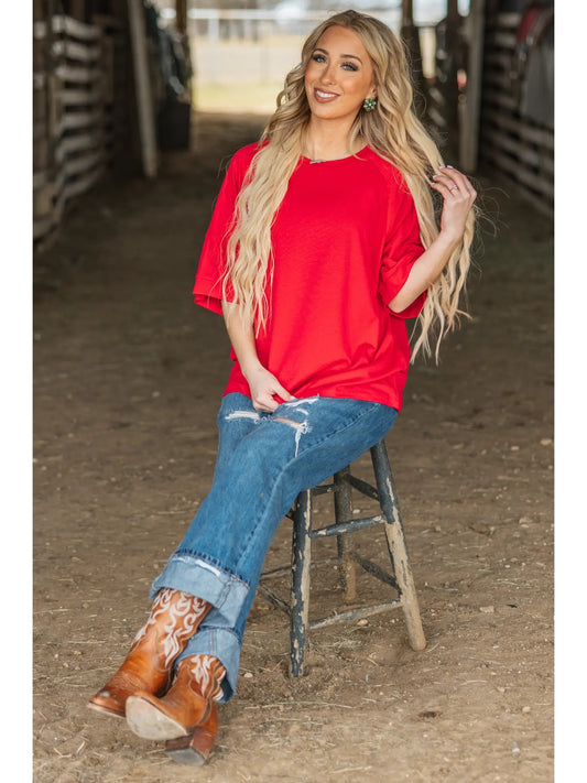 Oversized Relaxed Fit Terry Top - Red