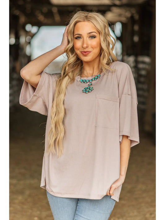 Ribbed Relaxed Boyfriend Shirt w/ Pocket Detail - Pearl Grey