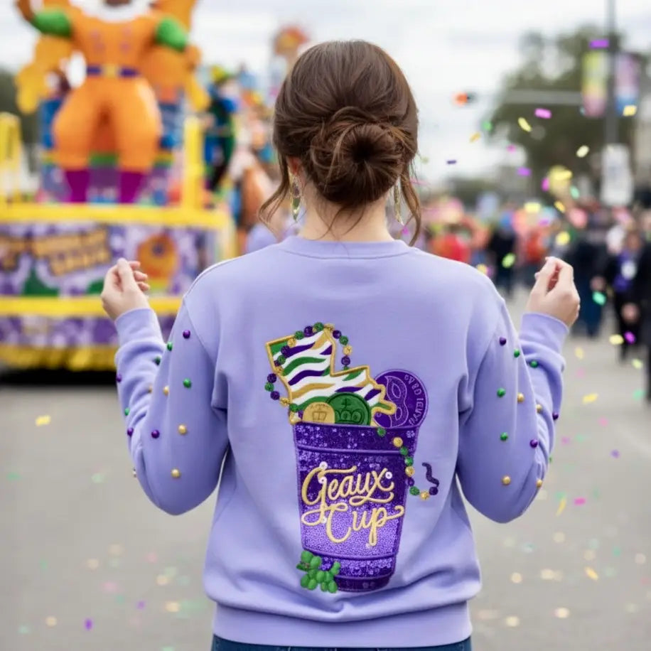 Mardi Gras Purple Sequin Embroidered Geaux Cup Sweatshirt