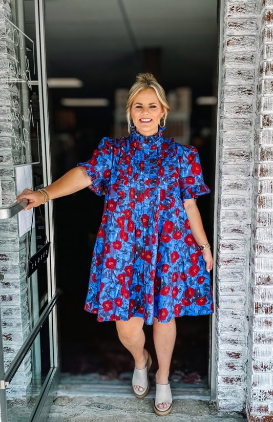 Midnight Bloom Pintuck Ruffle Mini Dress