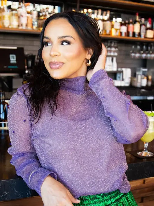 Mock Neck Mesh Top - Purple Shimmer
