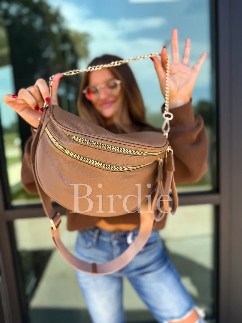 Camel Double Zipper Crossbody Bag