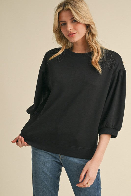 Solid 3/4 Peasant Sleeve Top - Black