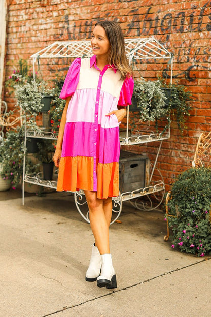 Pink Color Block Button Up Dress