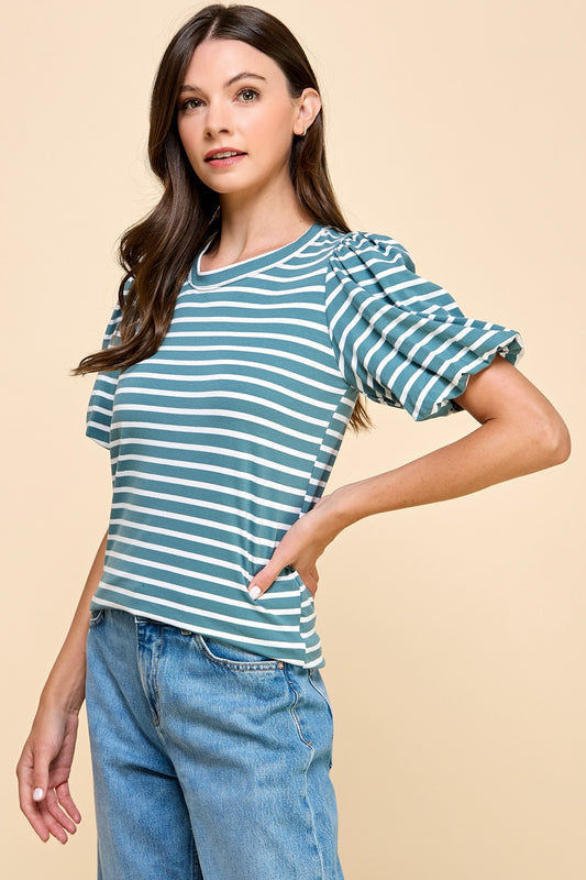 Striped Puff Sleeve Top - Seafoam