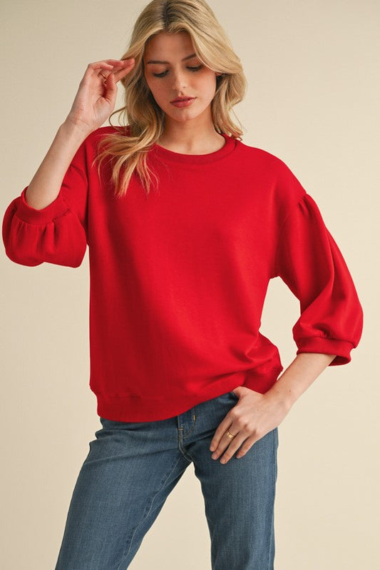 Solid 3/4 Peasant Sleeve Top - Red