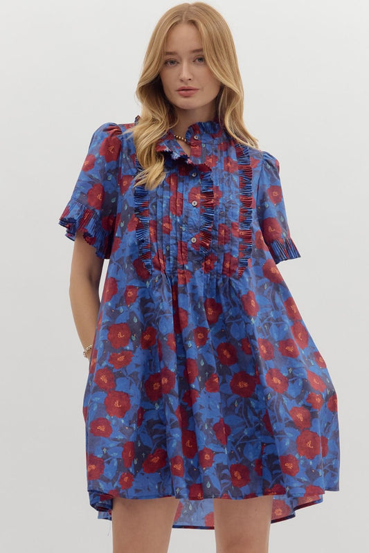 Midnight Bloom Pintuck Ruffle Mini Dress