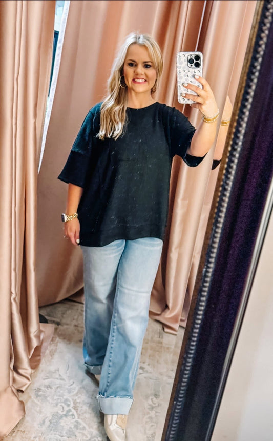 Half Sleeve Relaxed Pocket Blouse- Black