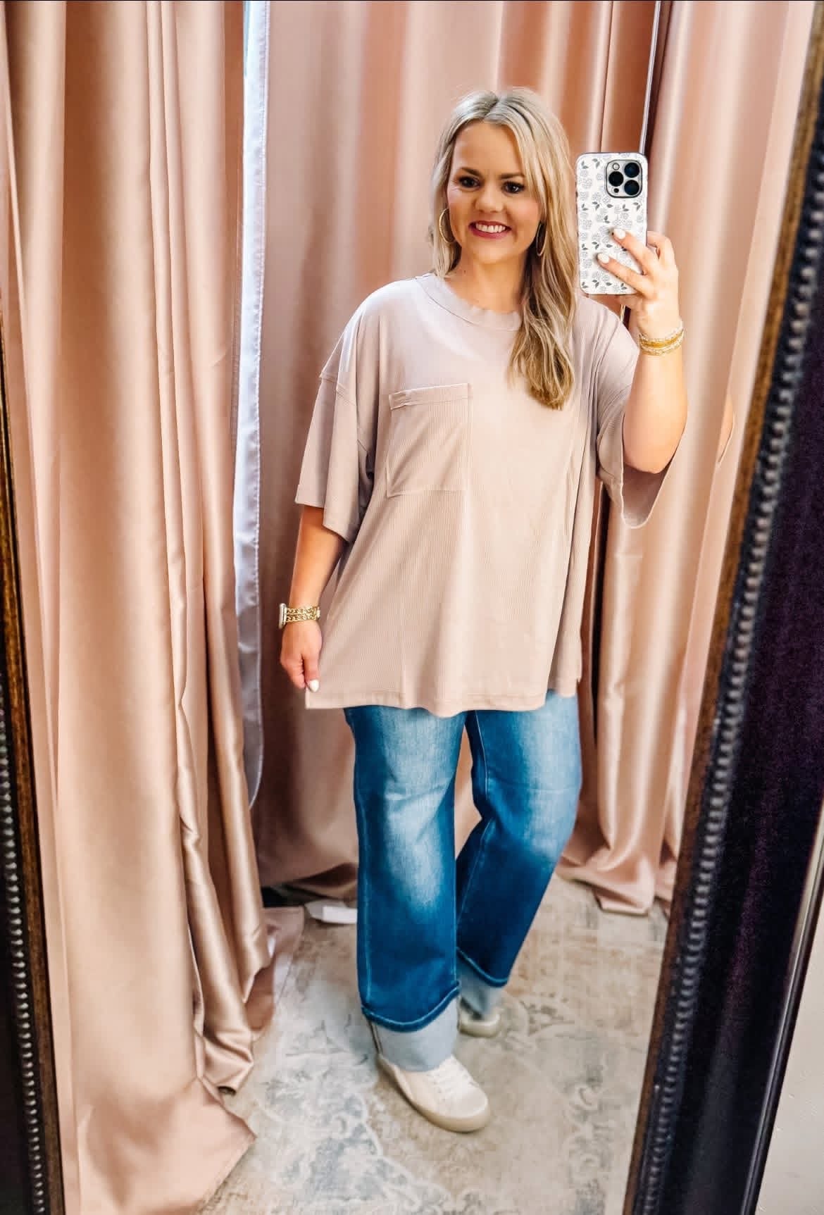 Ribbed Relaxed Boyfriend Shirt w/ Pocket Detail - Pearl Grey