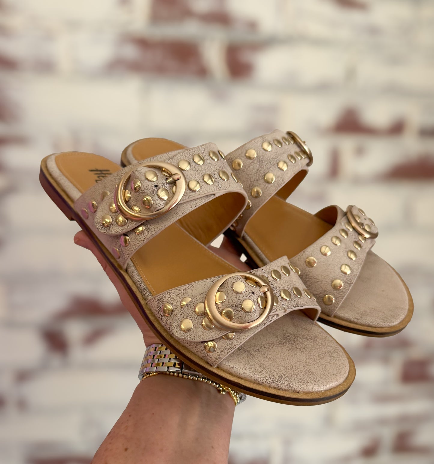 Corky’s Hey Hottie Sandals – Cream Crackle with Gold Studs