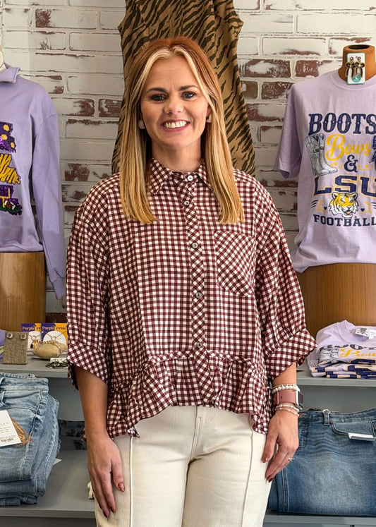 Red Bean Gingham Top