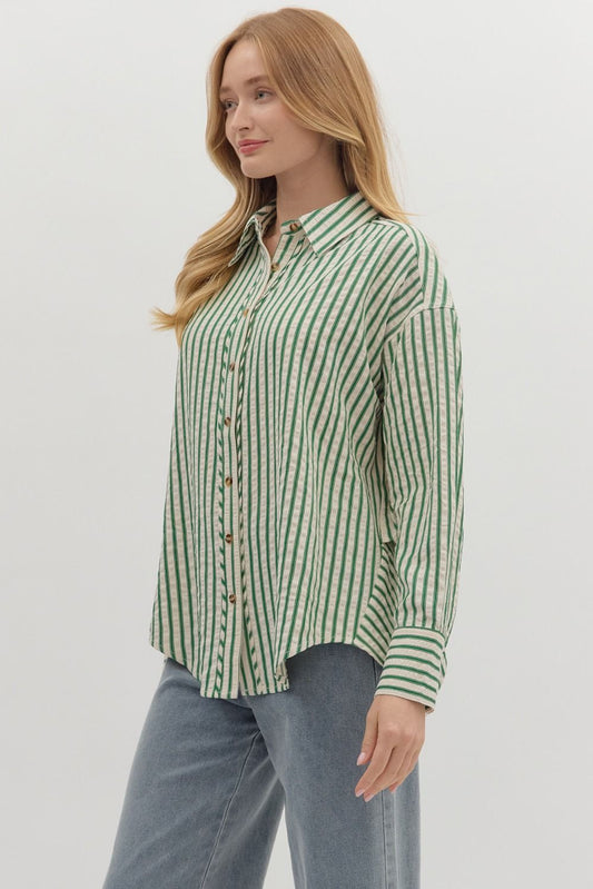 Green Striped Drape Back Shirt
